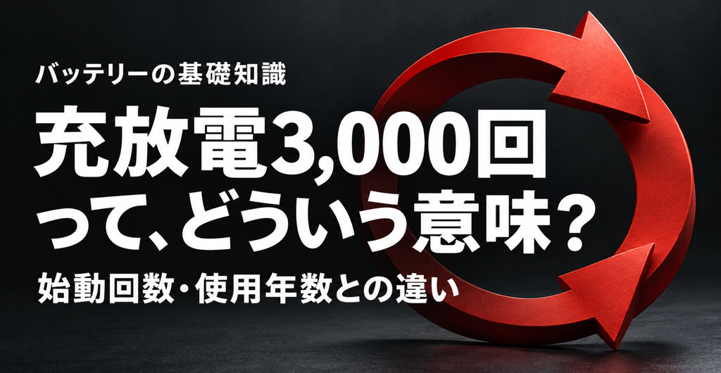 赤い循環矢印を背景に、充放電3,000回と始動回数・使用年数の違いを問いかける記事サムネイル