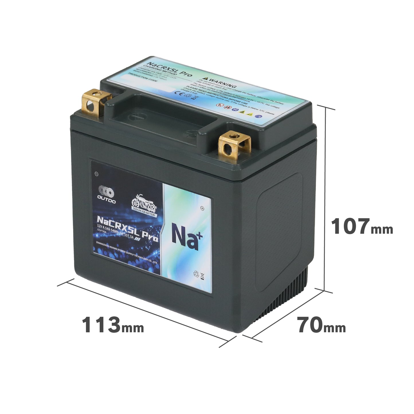 バイク ナトリウムイオンバッテリー NaCRX5L Proの画像。サイズは113mm x 70mm x 107mmです。