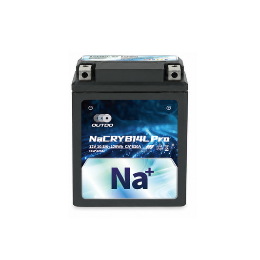 OUTDO ナトリウムイオン バイクバッテリー NaCRYB14L Pro（YB14L-A2互換）の正面