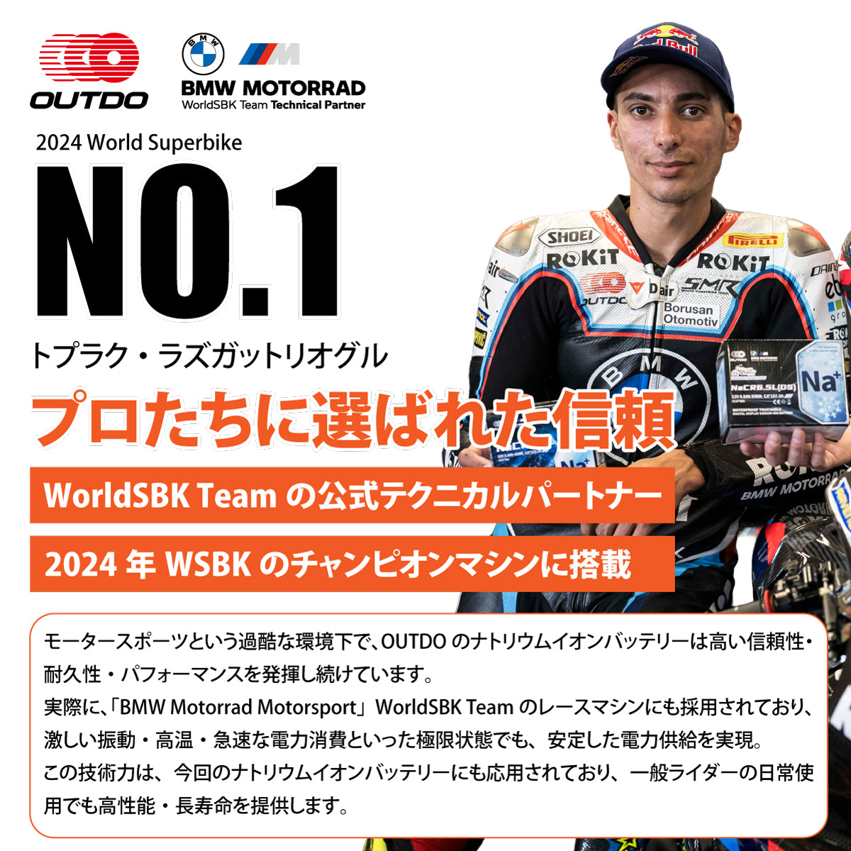 バイク用ナトリウムイオンバッテリー｜
2024年WSBK公式技術パートナーとしての信頼