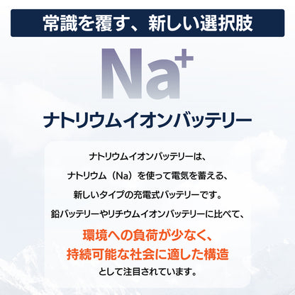 ナトリウムイオンバッテリーの新しい選択肢を示す画像。バイク用ナトリウムイオンバッテリーの特徴を説明。