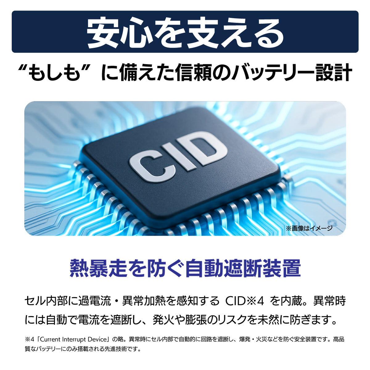 熱暴走を防ぐ自動遮断装置（CID）を搭載した、安全性の高いバイク用ナトリウムイオンバッテリー。過電流や異常加熱を検知すると自動で電流を遮断し、発火や膨張のリスクを未然に防ぐ信頼の設計解説。
